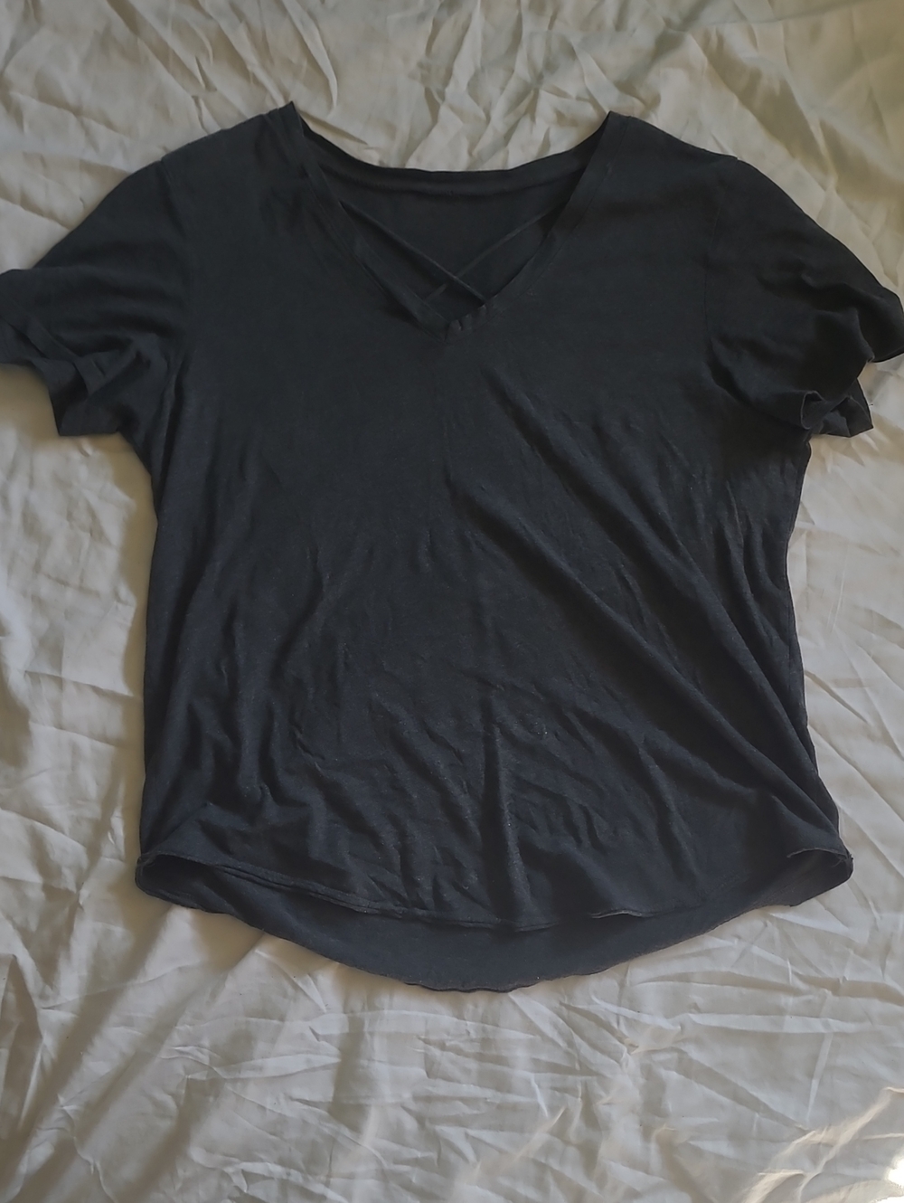 Women's Black V-Neck Short Sleeve Tee with Front Strap Detail